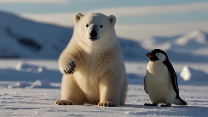 Wall Mural - a polar bear and a baby penguin in snowy place, representation of peace.