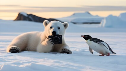 Wall Mural - polar bear holding a camera in it's hand capturing a perfect shot of a penguin, funny photography in