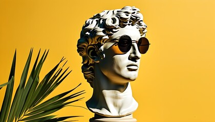 Wall Mural - Sunglasses-clad classical bust against a vibrant yellow backdrop with palm leaves, perfect for summer vacation-themed designs and invitations