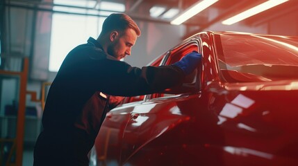 Male car mechanic working installation of a protective paint and varnish transparent film on the car in a workshop