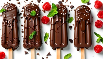 Wall Mural - Indulgent melting chocolate ice cream on a stick against a clean white background for summer lifestyle promotions and creative advertising designs