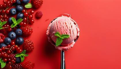 Wall Mural - Vibrant berry ice cream scoop on spoon against striking red background, perfect for summer promotions and enticing dessert menus