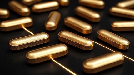 Sticker - Golden Capsules on Black Background   Abstract Pharmacy  Medicine  and Luxury Concept