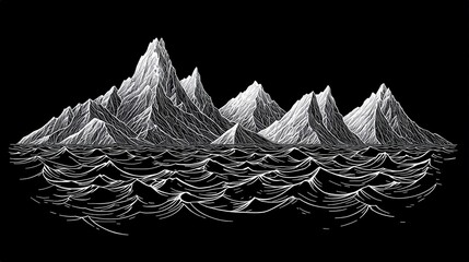 Wall Mural - Hand Drawn Mountain Range and Ocean Waves Illustration