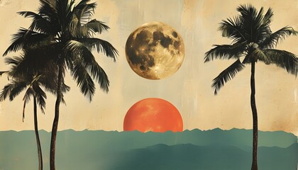 Wall Mural - Vintage surrealist collage of a woman, palm trees, and moon for summer vacation and travel-themed design

