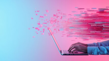 Wall Mural - A programmer hands typing code on a laptop, with a colorful abstract background representing lines of code.