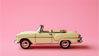 Retro convertible toy car on pink backdrop evoking summer travel vibes, minimalist design ideal for banners and posters, capturing nostalgia and vintage charm