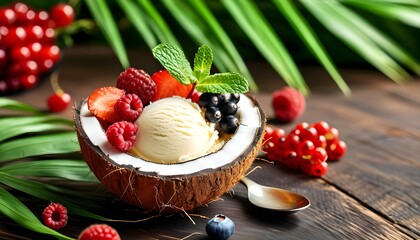 Tropical ice cream delight served in coconut shell with fresh berries and palm leaves on wooden table, perfect for summer lifestyle promotion and menu design