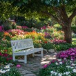 © Digi A - Lush garden in full bloom with a variety of colorful flowers, a white wooden bench under a flowering tree, serene garden setting