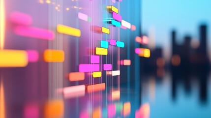 A vibrant Gantt chart with different colors representing different project phases is projected onto a screen, while a team of developers works on their tasks.