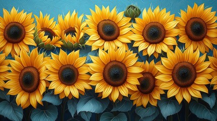 Sticker - Bright Yellow Sunflowers Close up Against Blue Sky