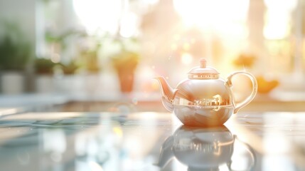 A gleaming silver teapot reflecting the warm glow of a kitchen countertop.