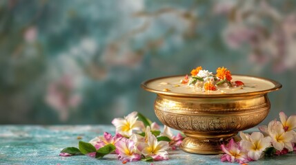 Wall Mural - Golden Bowl of Creamy Dessert Adorned with Flowers