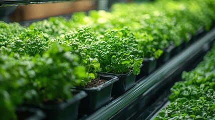 Wall Mural - Green Leafy Plants Growing in Rows Under Artificial Light