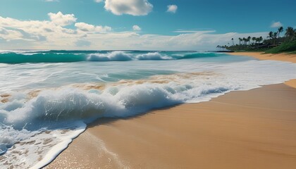 Wall Mural - Panoramic Ocean Waves on Sandy Beach: Capturing the Essence of Summer Vacation in Hawaii and Maldives