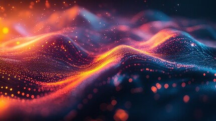 Wall Mural - A mesmerizing abstract landscape resembling waves of light, featuring glowing particles in vibrant orange and blue tones.