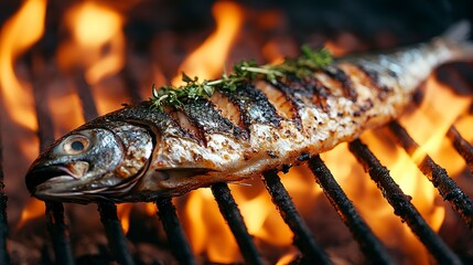 Baked fish on the grill with fire 