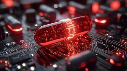 Sticker - Red Pill on Circuit Board   Digital Health  Medical Technology  Futuristic Concept