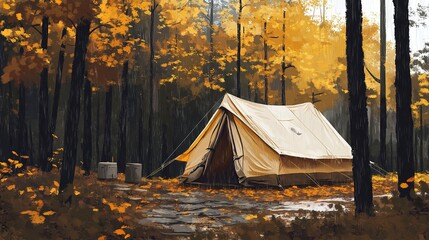 Wall Mural - autumn forest tent stay with rain tapping on canvas ideal for outdoor adventure concept banner