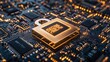 © BOJOShop - Gold Padlock On Illuminated Circuit Board   Cybersecurity  Data Protection  Security  Digital  Technology
