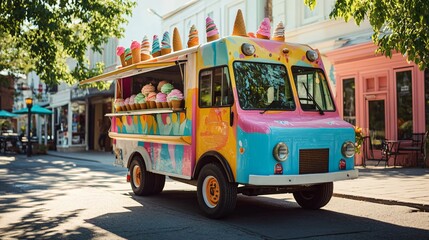 Sticker - Colorful ice cream truck parked on a street.