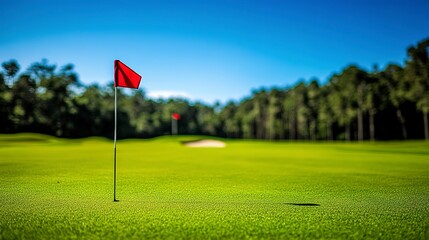 Poster - A view of the golf course on a sunny day. The green of a golf course with a red flag stuck in the hole cup under a clear blue sky. 