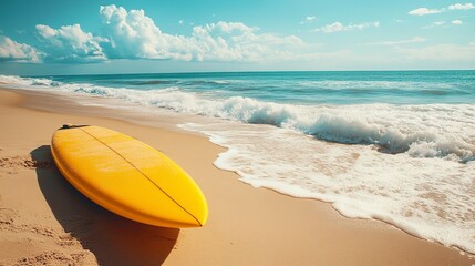 Poster - A vibrant yellow surfboard rests on a beautiful beach, surrounded by gentle waves and soft sandy shore.