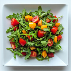 A colorful mix of arugula and cherry tomatoes, tossed in a light dressing, makes for a healthy and delicious side dish. Perfect for picnics, potlucks,