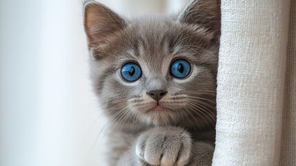 Wall Mural - A cute gray kitten with blue eyes peeking from behind a curtain.