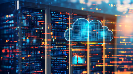 Poster - 
Seamless Data Migration to the Cloud, seamless data migration to the cloud with an image showing data being transferred from on-premises servers to cloud storage, AI 