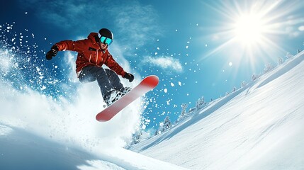 Wall Mural - A snowboarder is in mid-air, performing a trick on a snow-covered slope 