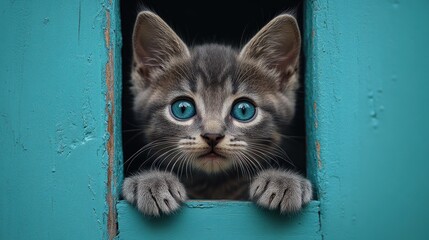 Wall Mural - A curious kitten peeking through a turquoise wooden hole.