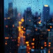 © Thritti - Raindrops on a window reflecting a blurred cityscape, representing the passage of time through grief, [melancholy], [reflection].