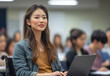 © Ratthamond - A smiling Asian female student in a wheelchair sits in the front row, holding her laptop and looking up during class.