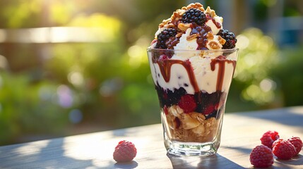 Poster - Delicious summer dessert with ice cream, berries, nuts, and chocolate sauce.