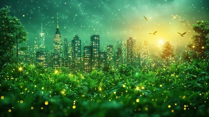 Poster - Magical Cityscape with Firefly Lights and Birds Flying in the Sky