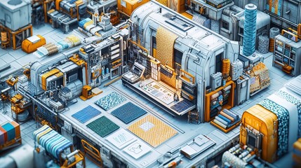 Poster - Futuristic Factory with Colorful Textile Production Lines