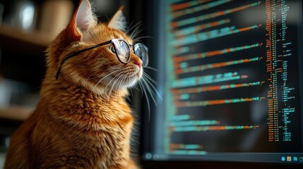 Orange Cat Wearing Glasses Looking at Computer Code