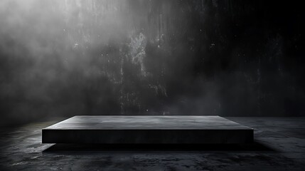 Canvas Print - Scene exhibition studio smoky dark black floor podium dramatic emptiness night table concrete wall