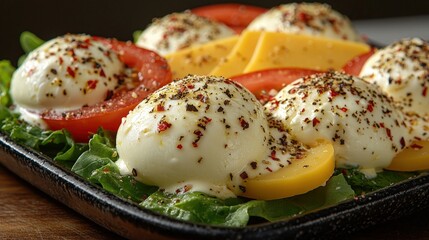 Wall Mural - Gourmet Salad with Burrata  Tomato  and Cheese on a Black Plate