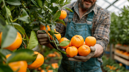 Wall Mural - Close-up of a dedicated farmer hand-selecting a variety of fresh, premium quality fruits. Artisanal farming and harvest concept.