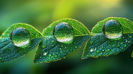 Wall Mural - Dew Drops On Green Leaf Macro Photography