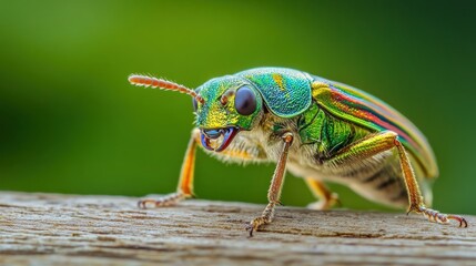 Sticker - Vibrant Green Beetle on Wooden Surface