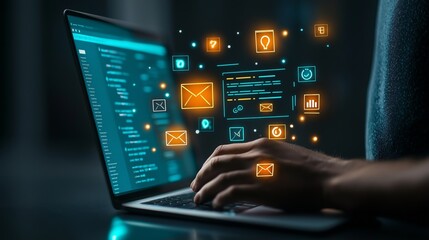 A close-up of a laptop with vibrant digital icons, showcasing technology and communication in a modern workspace.