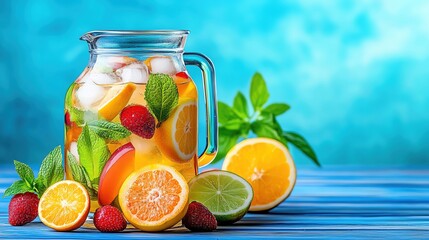 Sangria pitcher with fresh fruits and ice, vibrant and colorful, focus on refreshing summer drink for parties and gatherings