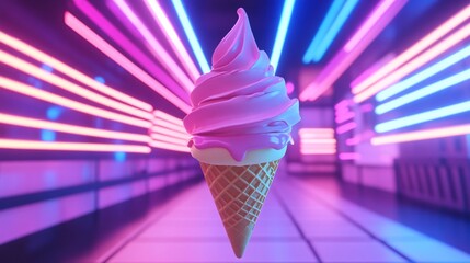 Sticker - Pink ice cream cone in a neon light setting.