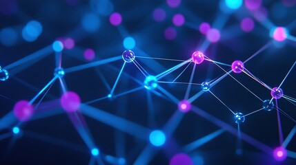 Abstract network of connected nodes and lines glowing in blue and purple tones, representing technology and digital connectivity.