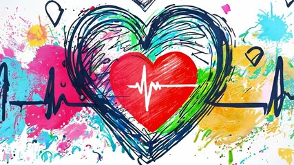 Poster - A creative representation of a heart intertwined with a heartbeat line, surrounded by colorful splashes and small hearts, embodying love and emotion.