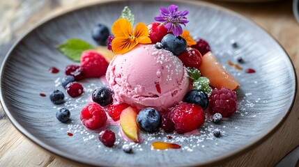 Wall Mural - Pink ice cream with berries and flowers on a grey plate.