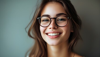 Wall Mural - Joyful young woman happily adjusting her glasses